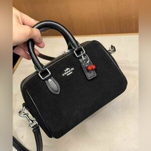 Sold NWT Coach Mini Rowan Crossbody Bag With Cherry Charm In Suede/Sv/Black